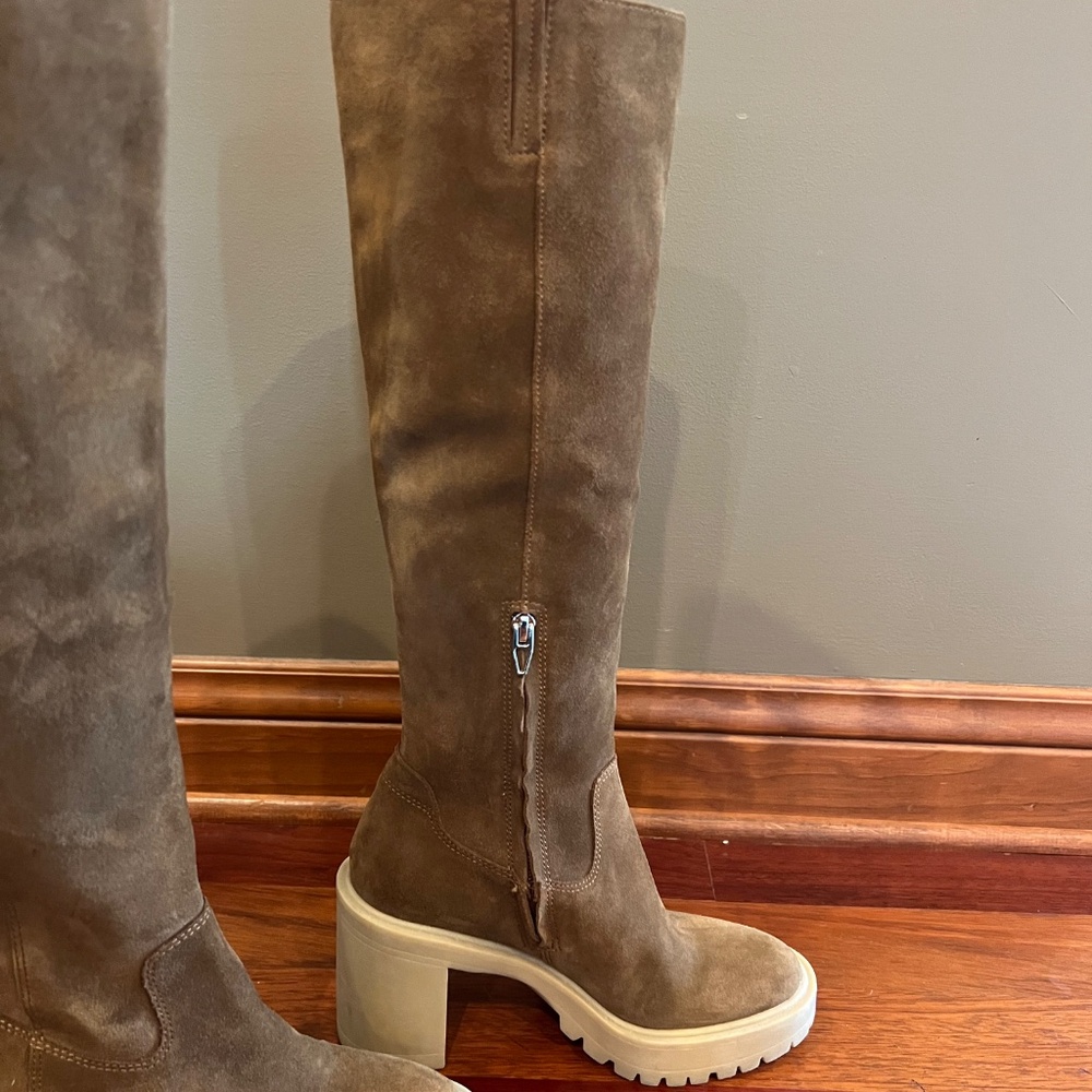 Dolce Vita Taupe Suede Knee-High Chunky Heel Boots - Picture 9 of 9